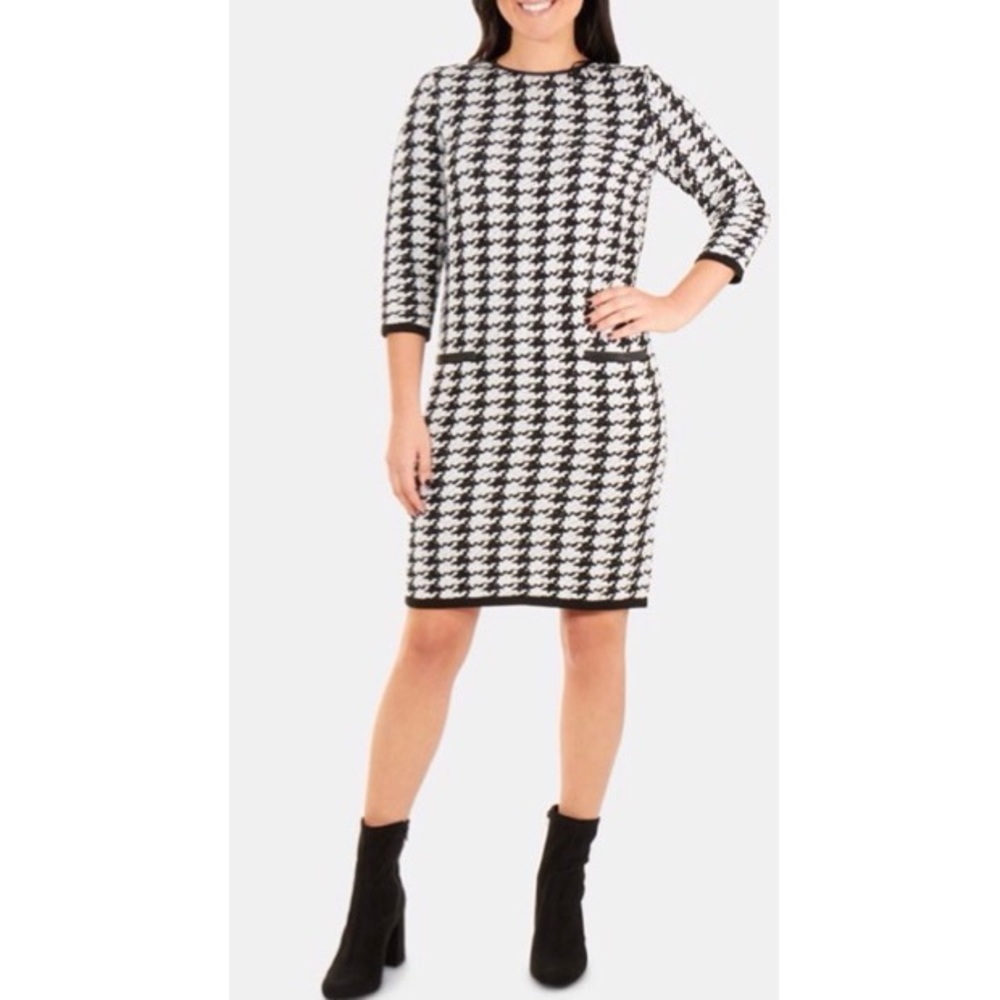 NY Collection Houndstooth Print Sweater Dress Medium